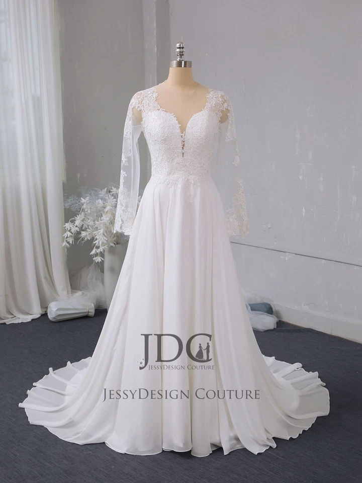 Einfaches Langarm Chiffon Spitze Brautkleid Hochzeitskleid Maßgeschneidert n.Maß - Bild 1 von 4