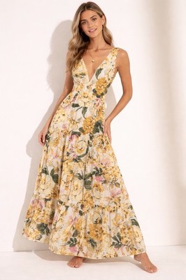 Maaji Size M Tiered Maxi Dress  Tropical Floral Print Deep V Neck Beach Resort