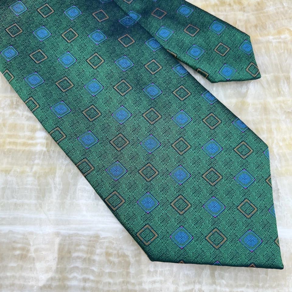 Daniel De Fasson DF Verde Geométrico Medallón Cuello Corbata Seda Hecha a Mano Foto 2 de 4