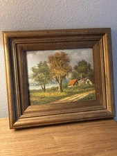 Vintage Oil Landscape painting with Cottage Framed