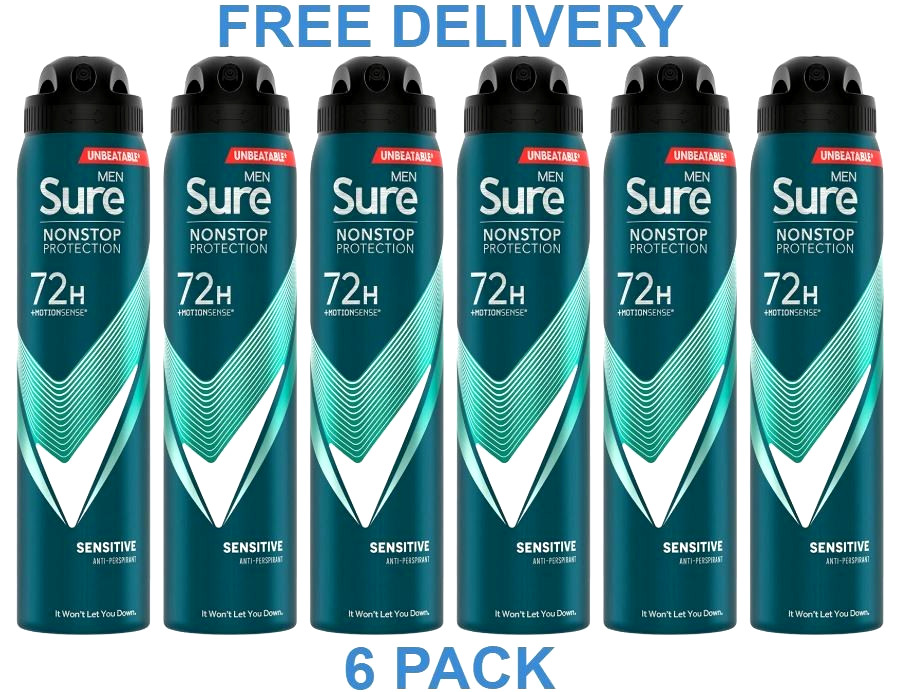 6 x 250ml Sure Men Sensitive Anti-Perspirant 72H Nonstop Protection Deodorant