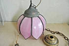 Vtg Tiffany Style Slag Glass Tulip Pendant Chandelier Lamp – Pink Stained Glass