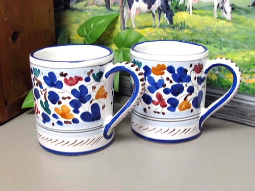 Vintage Italian Pottery Hand Painted Mugs ~ Siena ~ Two ~ Bird and Floral Design