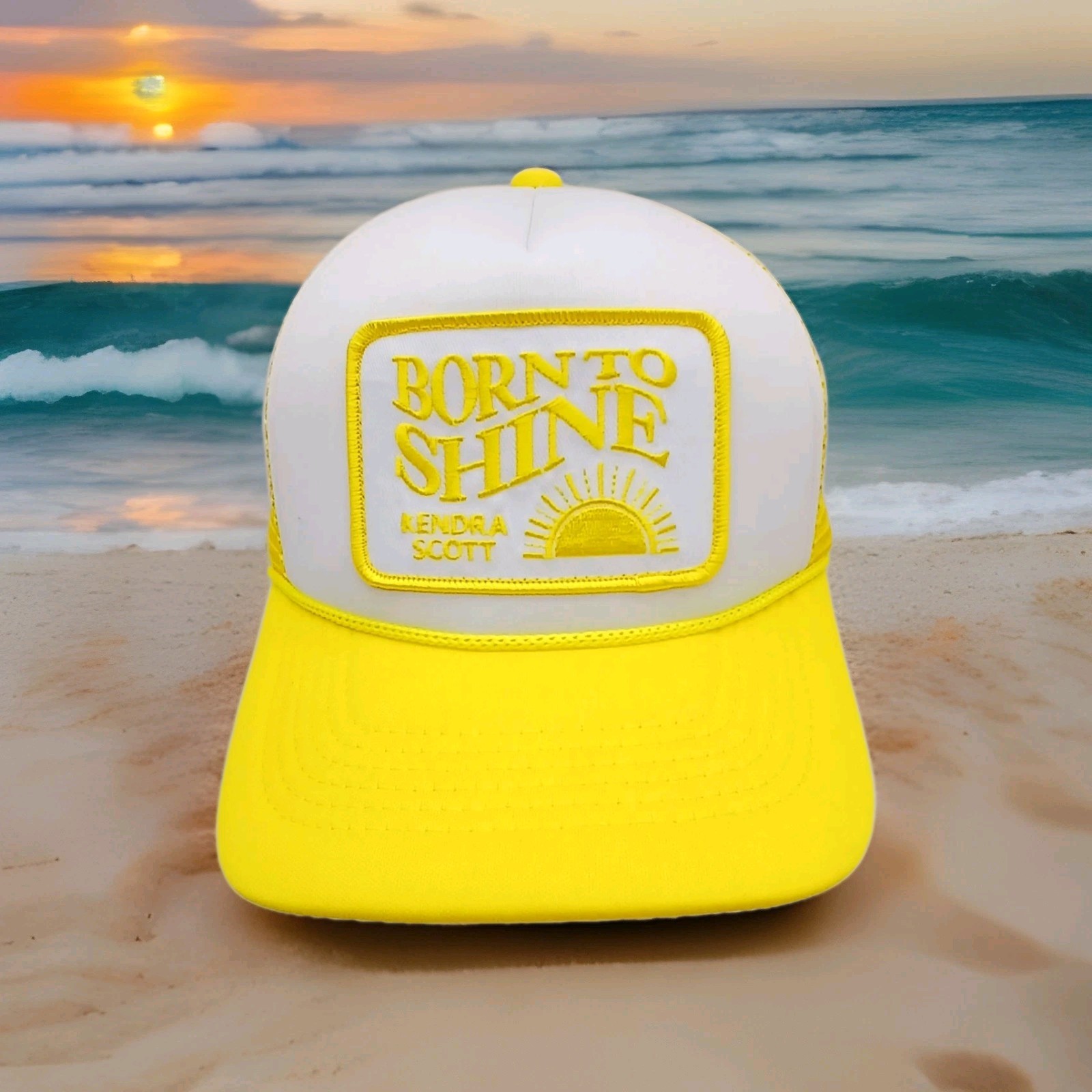 Kendra Scott Snap Back Born To Shine Trucker Hat Yellow White Summer Cap Adjust