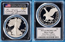 2023 S SILVER EAGLE PCGS PF70 FIRST DAY OF ISSUE DAMSTRA SIGNED LABEL