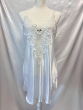 Vintage 1980s White Satin Floral Embroidered Lace Slip Dress USA