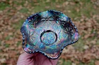 ANTIQUE FENTON WATER LILY CARNIVAL GLASS RUFFLED BOWL - BLUE