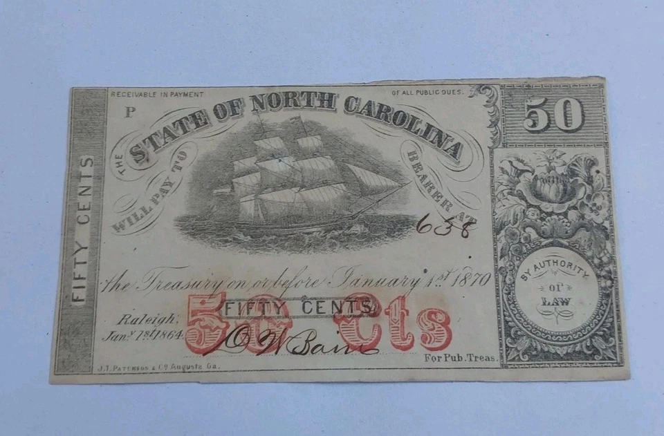 1864-State of North Carolina-Fifty Cents Civil Era Currency Crisp Uncirculated - Image 3 of 4