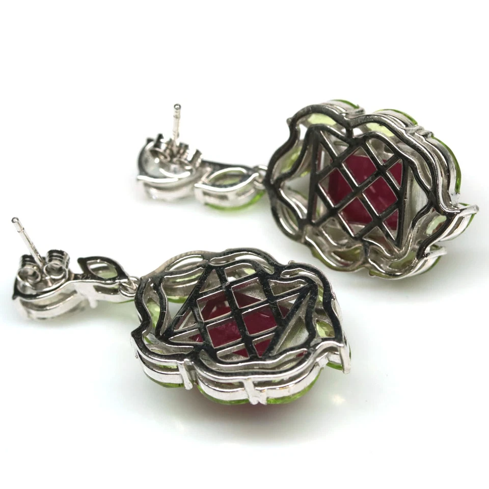 Black Friday 925 Sterling Silver 11 x 14 mm. Red Ruby, Peridot & Topaz Earrings - Image 3 of 4