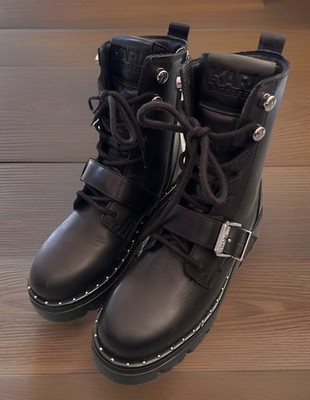 Karl Lagerfeld Kombat Roller buckle lace biker Rockstud boots Sz 7 Black Leather