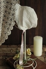 Vintage 1950s 1960s Baby Bonnet, Lace Trim, Infant Hat with Ribbon Ties and Swis