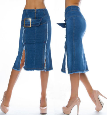 Jeansrock  Schlitz used destroyed Look Midirock Bodycon Damenrock Jeansblau 34