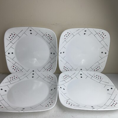 4Pc Corelle RAYA Square Dinner Plates White/Gray/Maroon