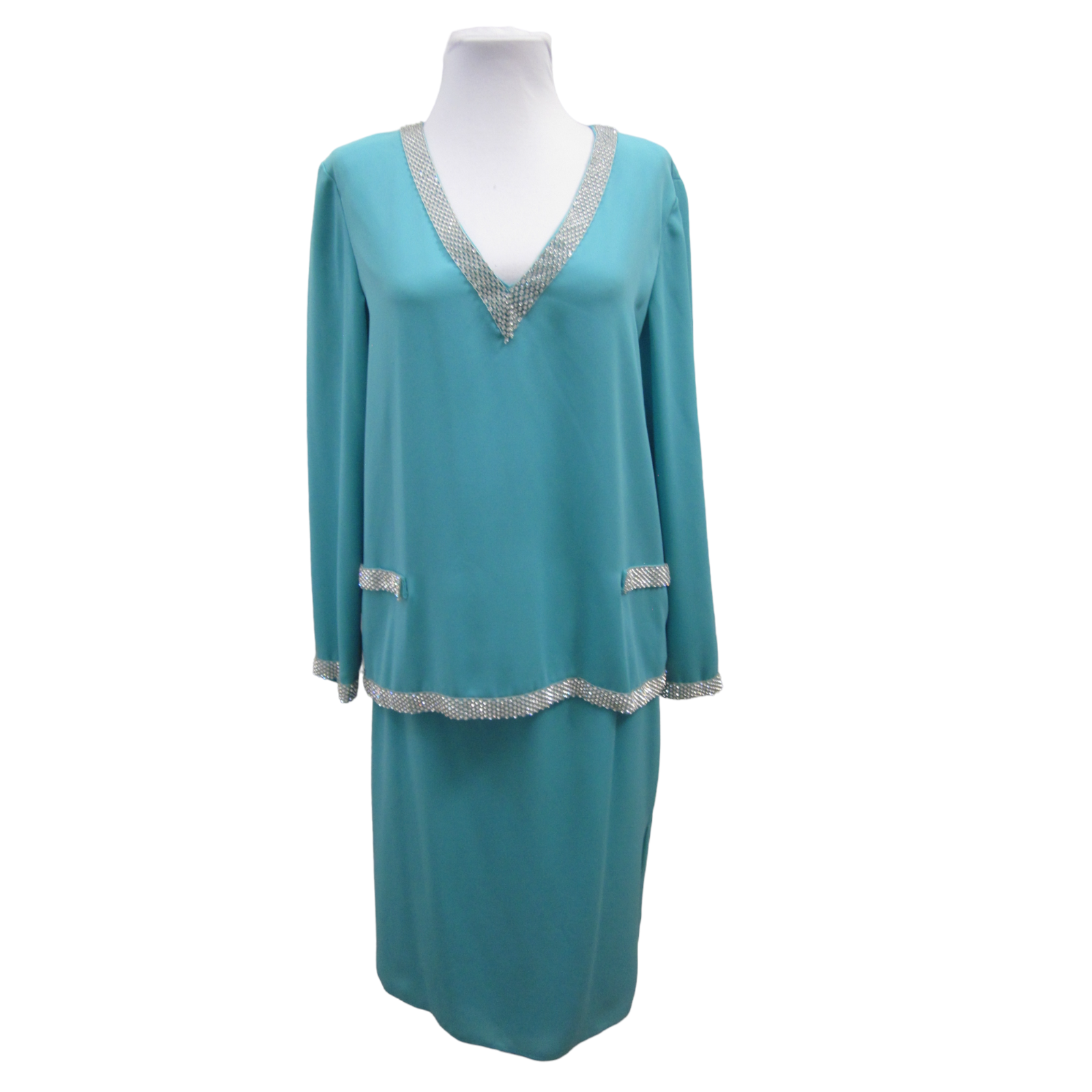 VTG Aqua Blue 2 Pc Bling Rhinestone Trim Evening Top & Skirt Outfit Sz L