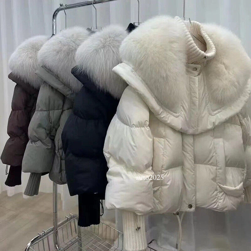 OFF WHITE Cappotto donna invernale vera pelliccia di volpe mantello colletto piumino giacca caldo cerniera S XL