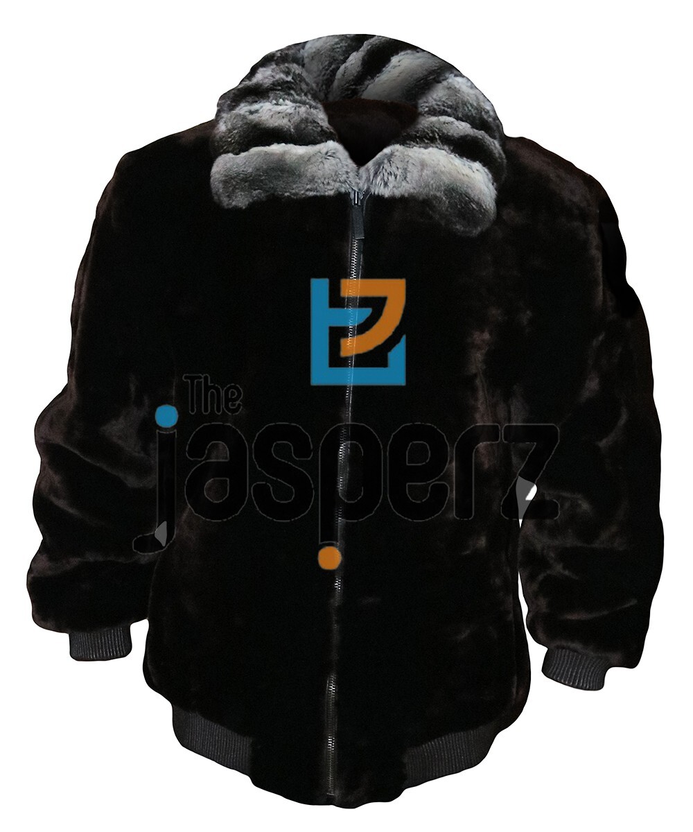 Real Mink Fur Black Bomber Style Jacket with Chinchilla Fur Collar