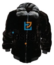 Real Mink Fur Black Bomber Style Jacket with Chinchilla Fur Collar Luxury  Coat