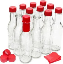 Case of 12 Clear Glass Hot Sauce Bottles with Red Caps and Dripper Inserts