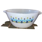 Vintage Fire King Milk Glass Alpine Swiss Chalet Blue Green Nesting Bowl trees