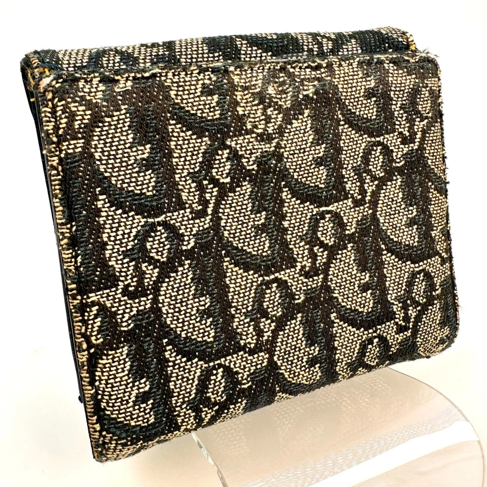 Christian Dior Trotter Patrón Plegable Cartera Azul Marino Lona Cuero Auténtico Foto 4 de 4