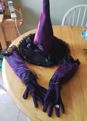 Pier 1 Imports Adult Witch Hat & Matching Glove Black Purple With Black Feather