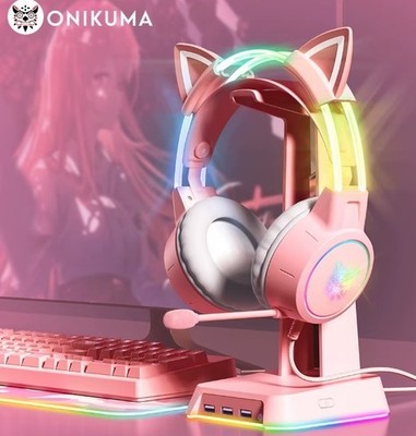 ONIKUMA Gaming Headset mit Katzenohren   Pink RGB 7.1 Surround Sound