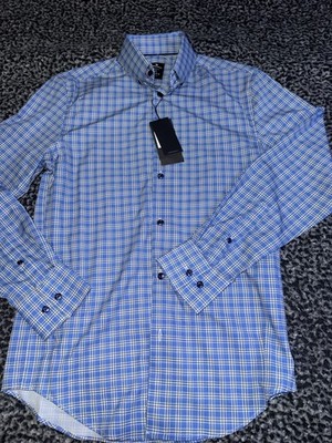 Brooklyn Brigade Shirt Mens S Blue Long Sleeve Plaid Button Up Modern Slim *NWT*