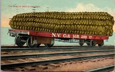 Exaggeration, Giant Ear of Corn on Railroad Flatbed Car Vintage Postcard A94