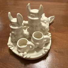 mini tea set, 7 piece bisque ceramic bunny themed