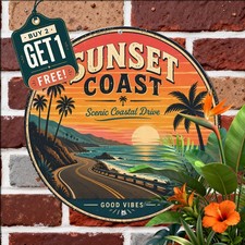 Beautiful Coastal Beach Ocean Sunset Graphic Round Metal Tin Sign Wall Plaque