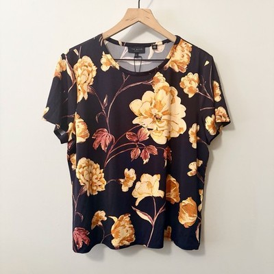 Ted Baker Tarissa Tee Floral Jersey Knit Top Black Gold Size Large