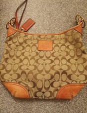 Vintage COACH Signature Monogram Hobo Shoulder Bag Canvas Tan Leather Y2K