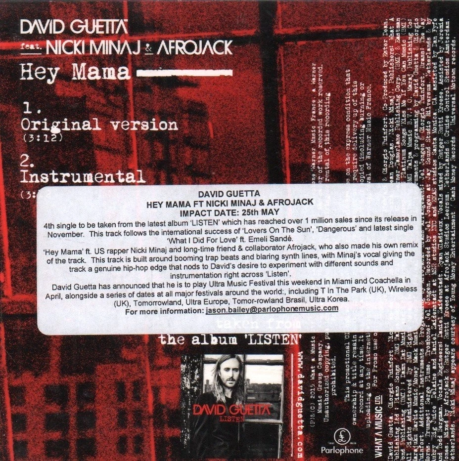 David Guetta Feat. Nicki Minaj Und Afrojack Hey Mama CDr Europa Parlophone 2015 - Bild 2 von 2