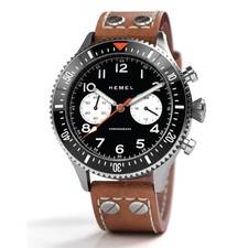 HEMEL HFT20 Cronografo Meccanico Quarzo Acciaio Pelle Bianco Nero Orologio Uomo