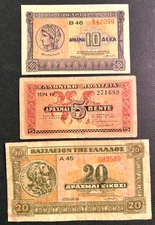 GREECE SET OF 3 BANKNOTES  1940-41   20, 10, 5 DRACHMAI  P-314, 315, 319