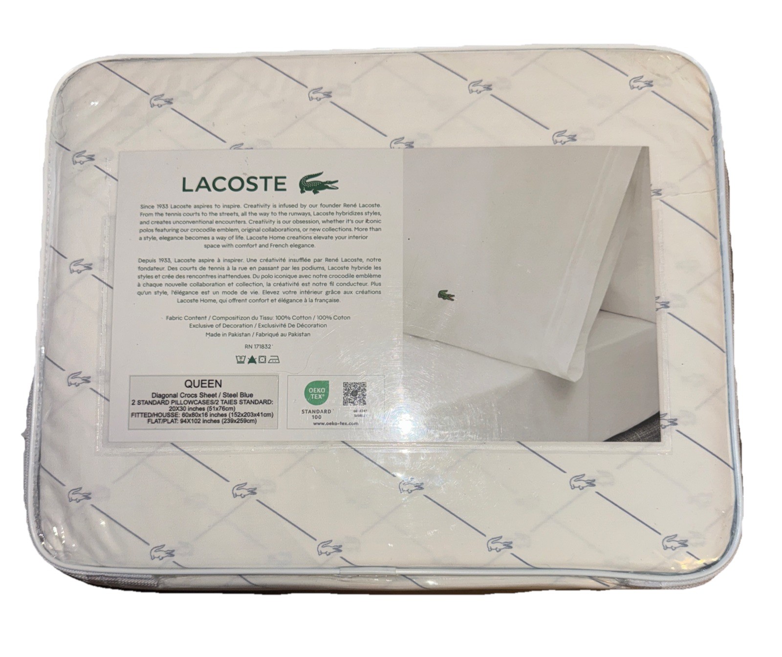 🛏️ Lacoste Authentic Soft Queen 4 PC Sheet Set White Navy Cotton Crescent🛏️ thumbnail 2