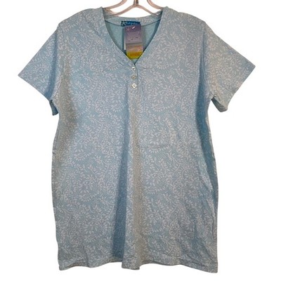 Fresh Produce Beach Batik Button V Neck Top 1X Cool Breeze Blue Cotton USA Flaw