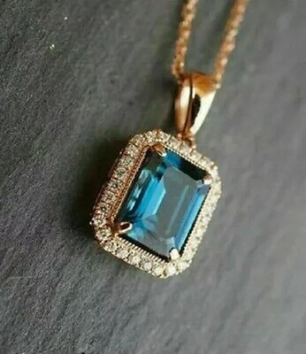 2Ct Emerald Cut Blue Topaz Halo Women's Pendant 14K Rose Gold Finish