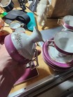 6 Vtg Porcelain Iridescent Teacup & Saucer Mauve, White, Gold Floral & Trim — photo 4