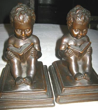 LG. KBW KATHODIAN BRONZE CLAD ANTIQUE CHERUB BOY w/ BOOK ART SCULPTURE BOOKENDS