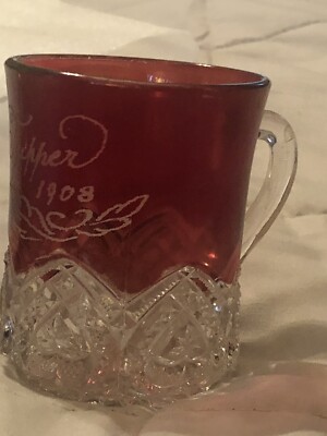 Antique Vtg EAPG 1908 Ruby Flash Cut to Clear Button Arches Souvenir Cup Tupper