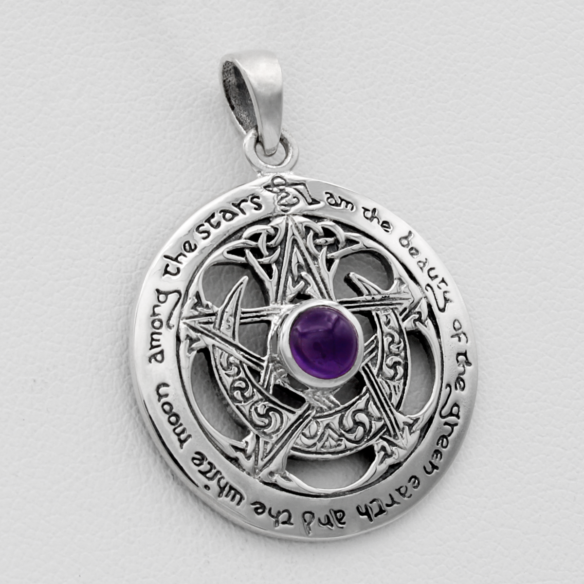 Sterling Silver Cut Out Moon Pentacle Pendant Amethyst Wiccan 