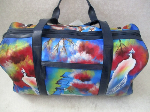 Borsa Sharif Pavone in pelle dipinta a mano - Borsone da viaggio artistico - Nuova con etichette - Foto 8 di 12