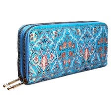 Aqua Blue Boho Wallet | Ethnic Double Zip Organizer Clutch with Tapestry Art
