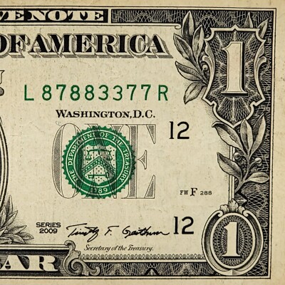 Consecutive Pairs Fancy Serial Number One Dollar Bill L87883377R 2009 Trinary