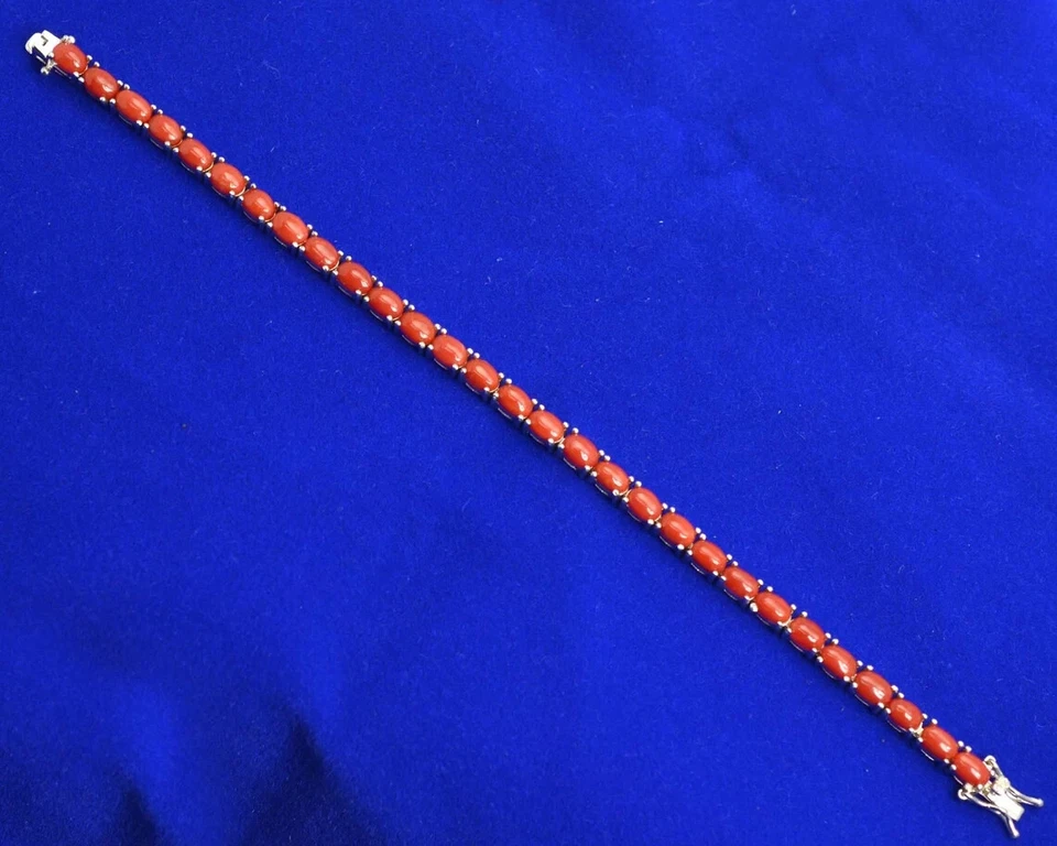 Brazalete de piedras preciosas de coral rojo de plata de ley 925 pulsera de tenis regalo por amor Foto 4 de 4