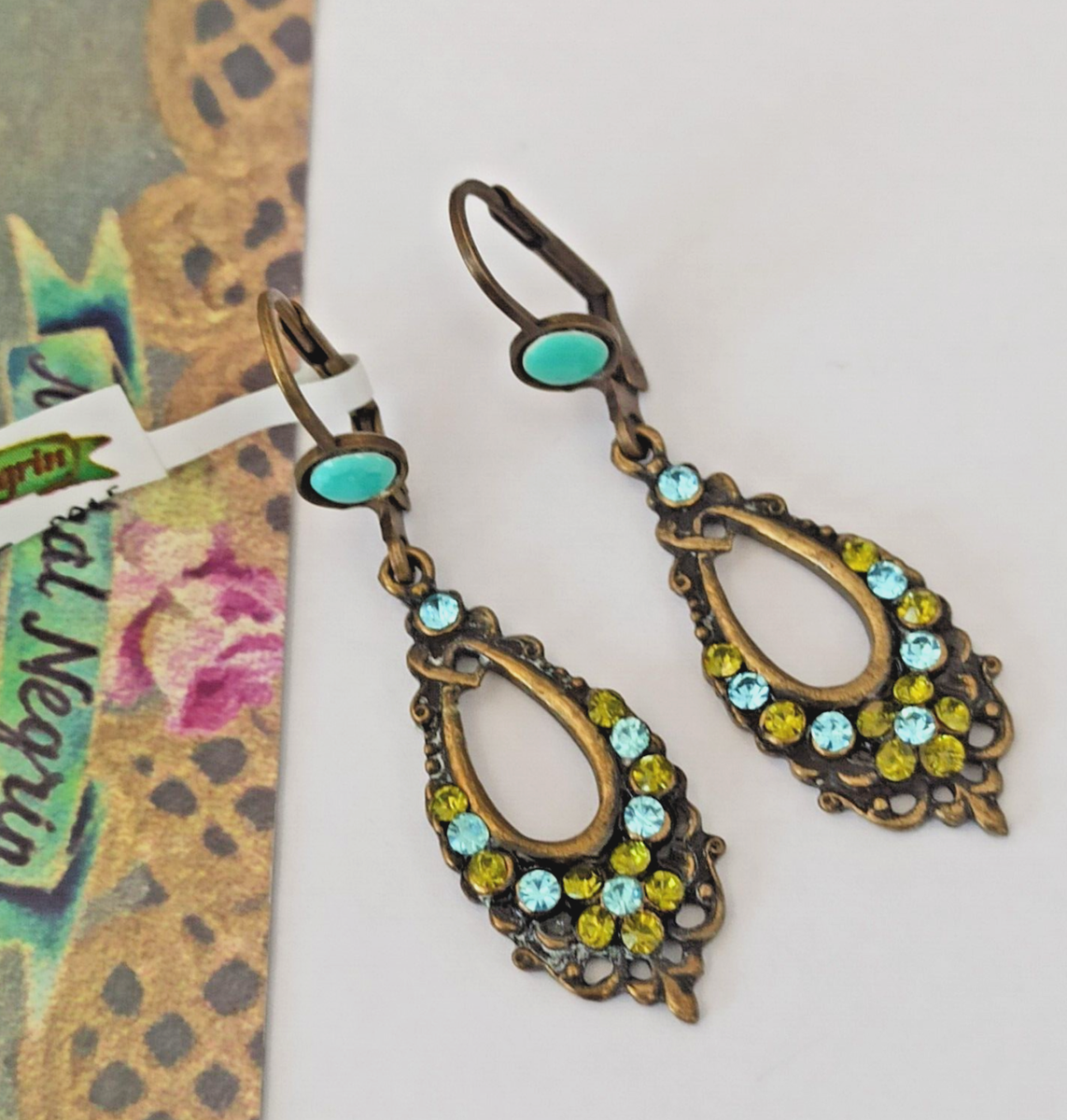 Michal Negrin Earrings Azure Blue Olive Green Teardrop Crystals