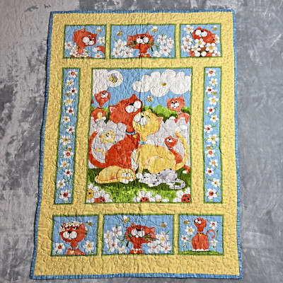 Cat Flower Quilt 38  X 28  Baby Blanket Lap Blanket Bees Colorful Vintage Style