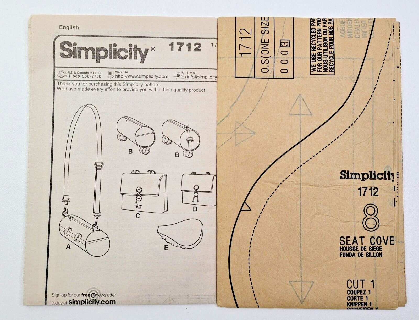 Simplicity Sewing Pattern 1712 Bicycle Bags & Seat Cover One Size UNCUT