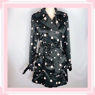 JILL STUART Designer BLACK & White Polka Dot Button Down Trench Coat Size 36 Med